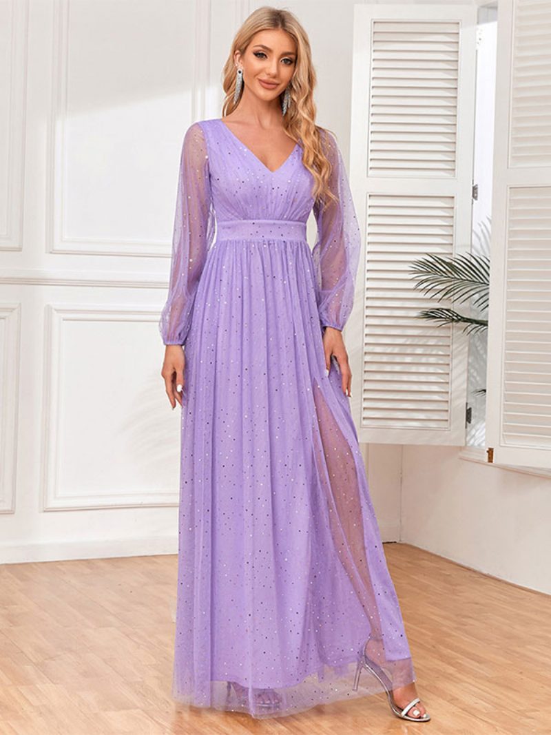 Damen Maxikleid Mit V-ausschnitt Empire-taille Illusionsärmel Pailletten Ballkleider - Violett