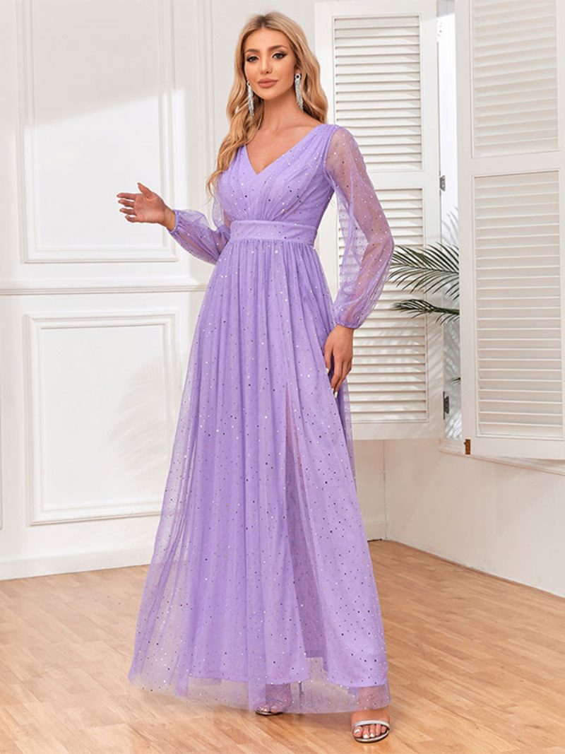 Damen Maxikleid Mit V-ausschnitt Empire-taille Illusionsärmel Pailletten Ballkleider - Violett