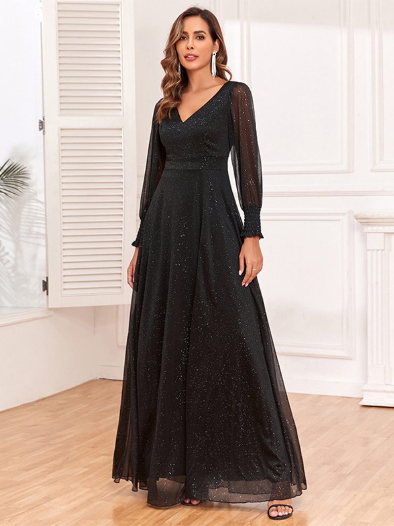 Damen-maxikleid Mit V-ausschnitt Illusionsärmel Hoher Schlitz Sexy Ballkleider - Schwarz