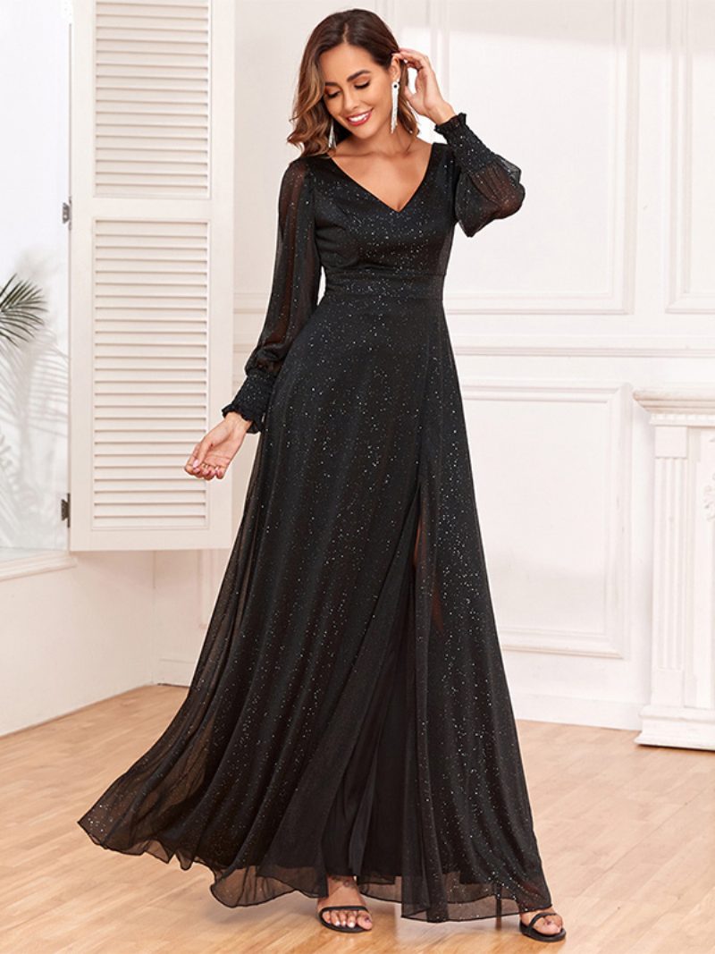 Damen-maxikleid Mit V-ausschnitt Illusionsärmel Hoher Schlitz Sexy Ballkleider - Schwarz