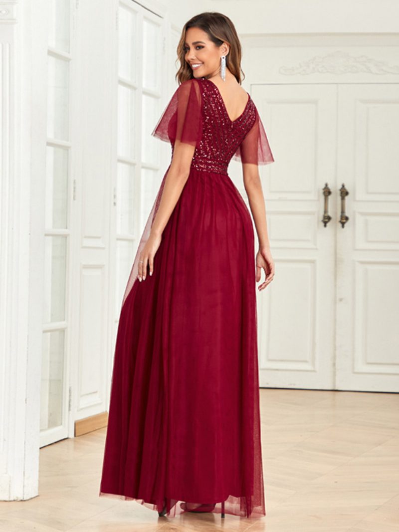 Damen Maxikleid Mit V-ausschnitt Pailletten-mieder Schmetterlingsärmel Ballkleider - Burgund