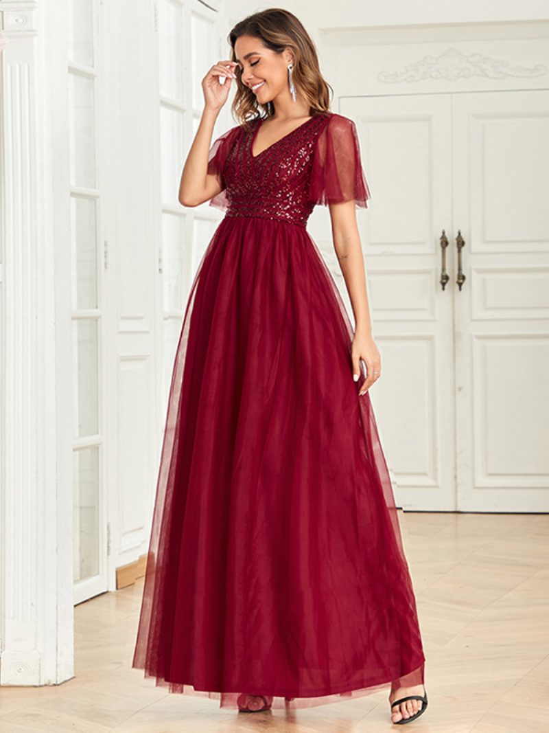 Damen Maxikleid Mit V-ausschnitt Pailletten-mieder Schmetterlingsärmel Ballkleider - Burgund