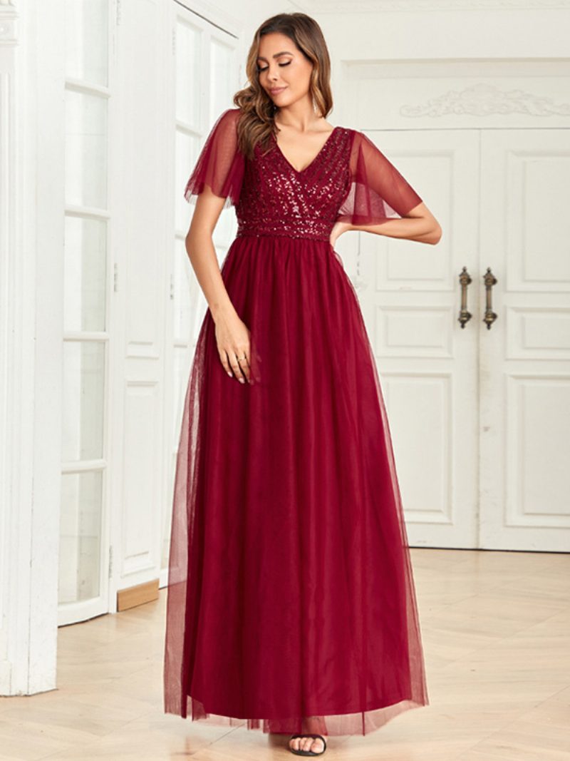 Damen Maxikleid Mit V-ausschnitt Pailletten-mieder Schmetterlingsärmel Ballkleider - Burgund