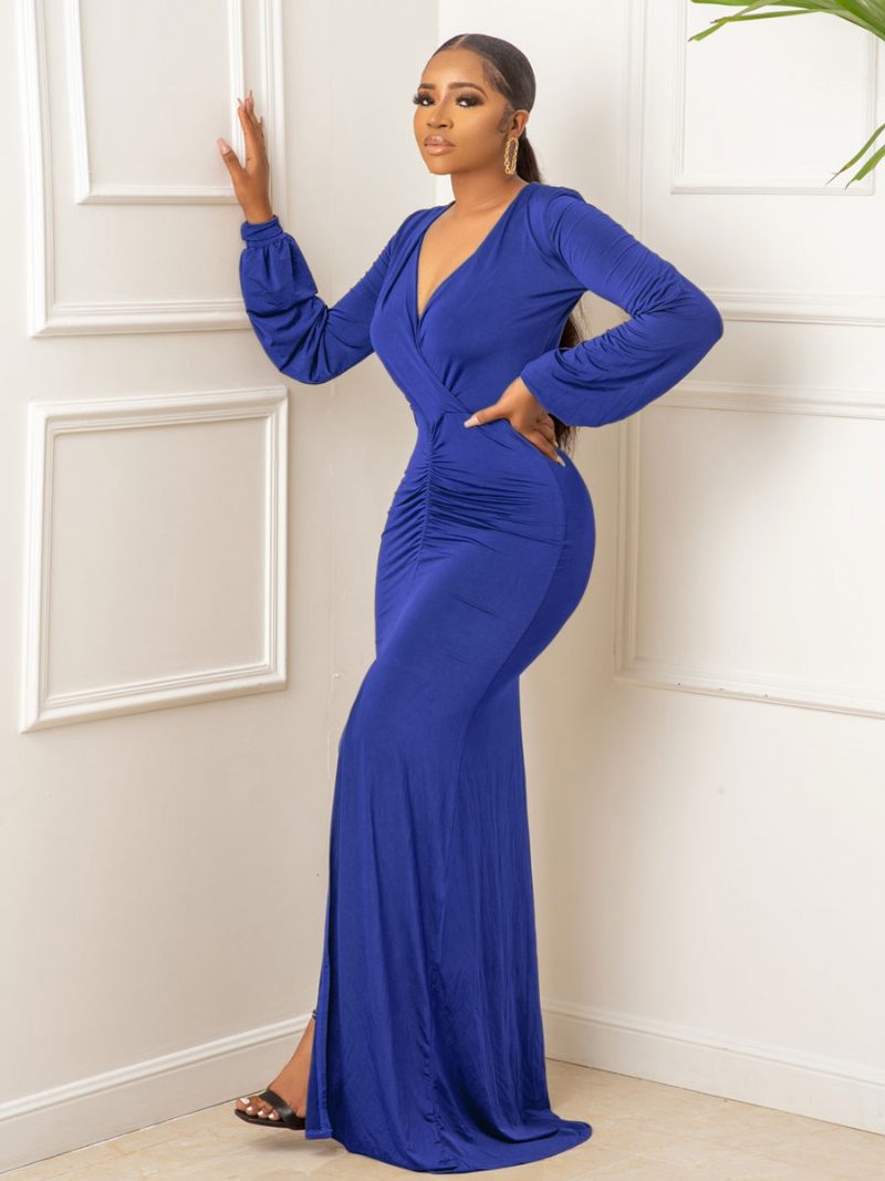 Damen-maxikleid V-ausschnitt Lange Ärmel Lycra-spandex Lässige Ballkleider - Blau