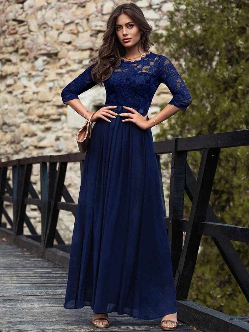 Damen-maxikleider Mit Rundhalsausschnitt Spitzenmieder Dreiviertel-lagiges Ballkleid - Dunkles Marineblau