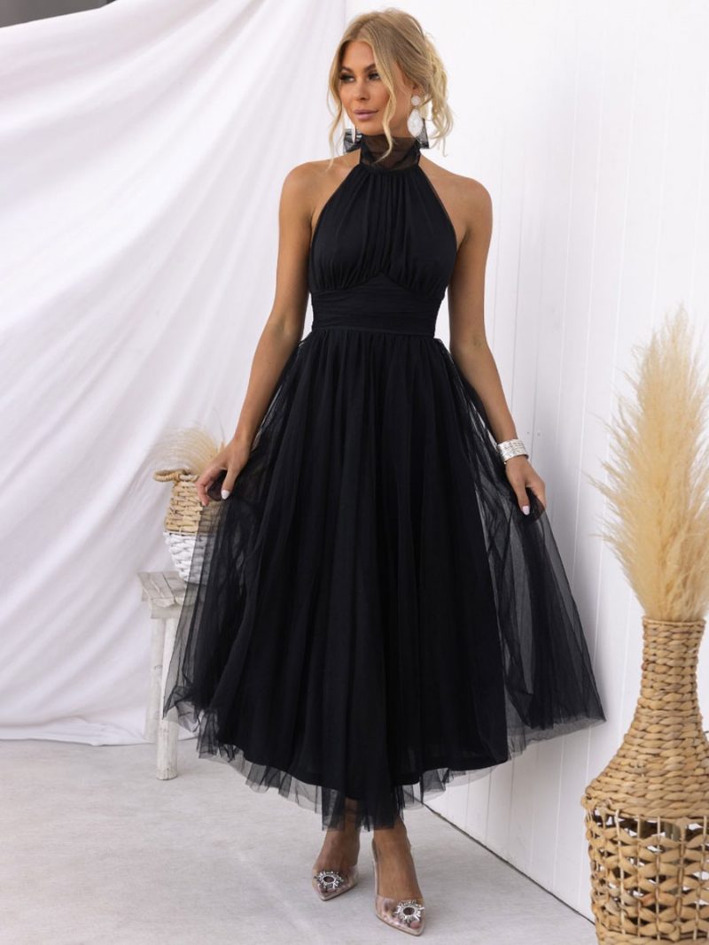 Damen-midikleid Aus Tüll Neckholder Plissiert Empire-taille Offener Rücken Elegante Ballkleider