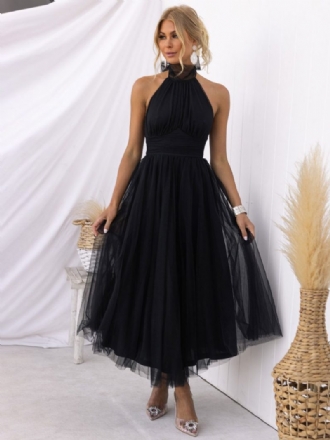 Damen-midikleid Aus Tüll Neckholder Plissiert Empire-taille Offener Rücken Elegante Ballkleider