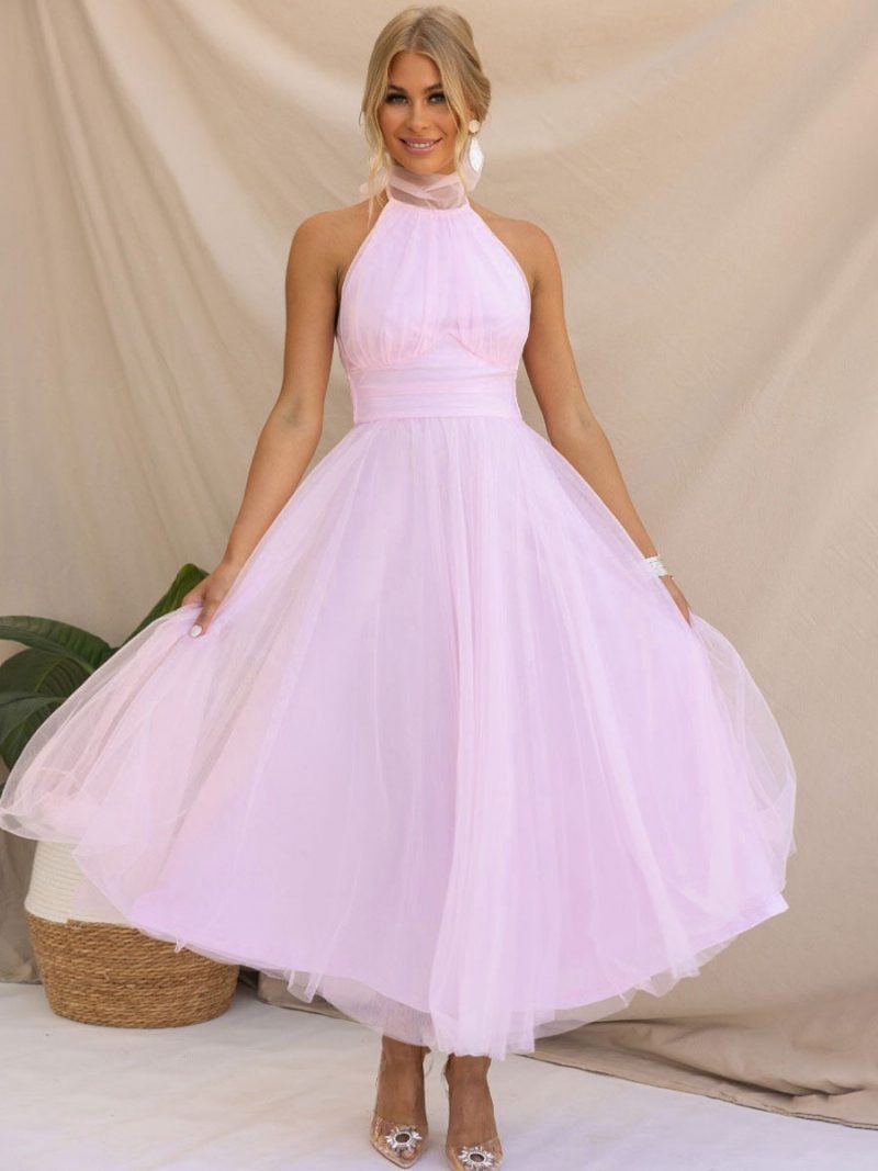 Damen-midikleid Aus Tüll Neckholder Plissiert Empire-taille Offener Rücken Elegante Ballkleider - Rosa