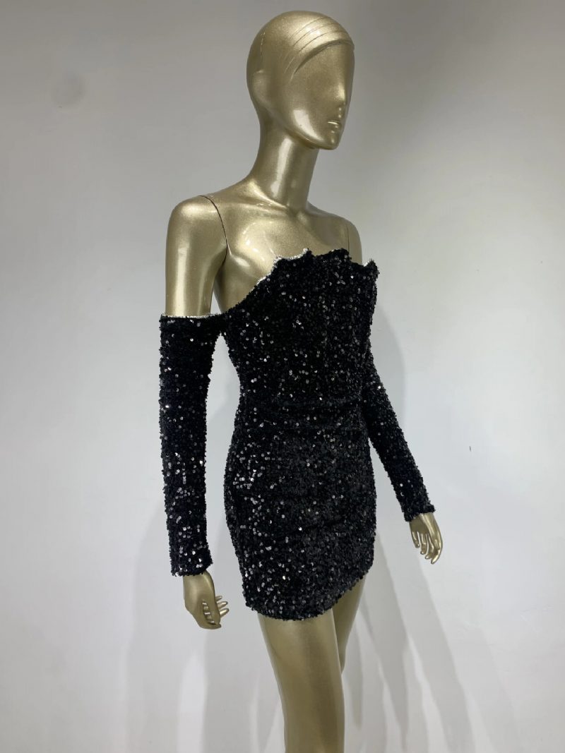 Damen-minikleid Mit Pailletten Schulterfrei Unregelmäßiges Design Sexy Kleider - Schwarz