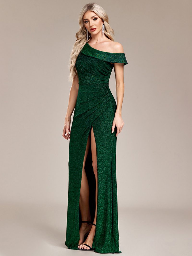 Damen One-shoulder-kleid Mit Pailletten Hohem Schlitz Und Maxi-abschlussballkleidern - Grün