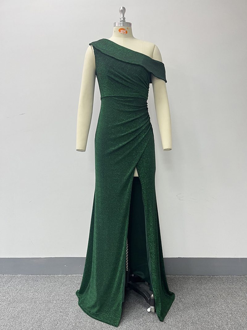 Damen One-shoulder-kleid Mit Pailletten Hohem Schlitz Und Maxi-abschlussballkleidern - Grün