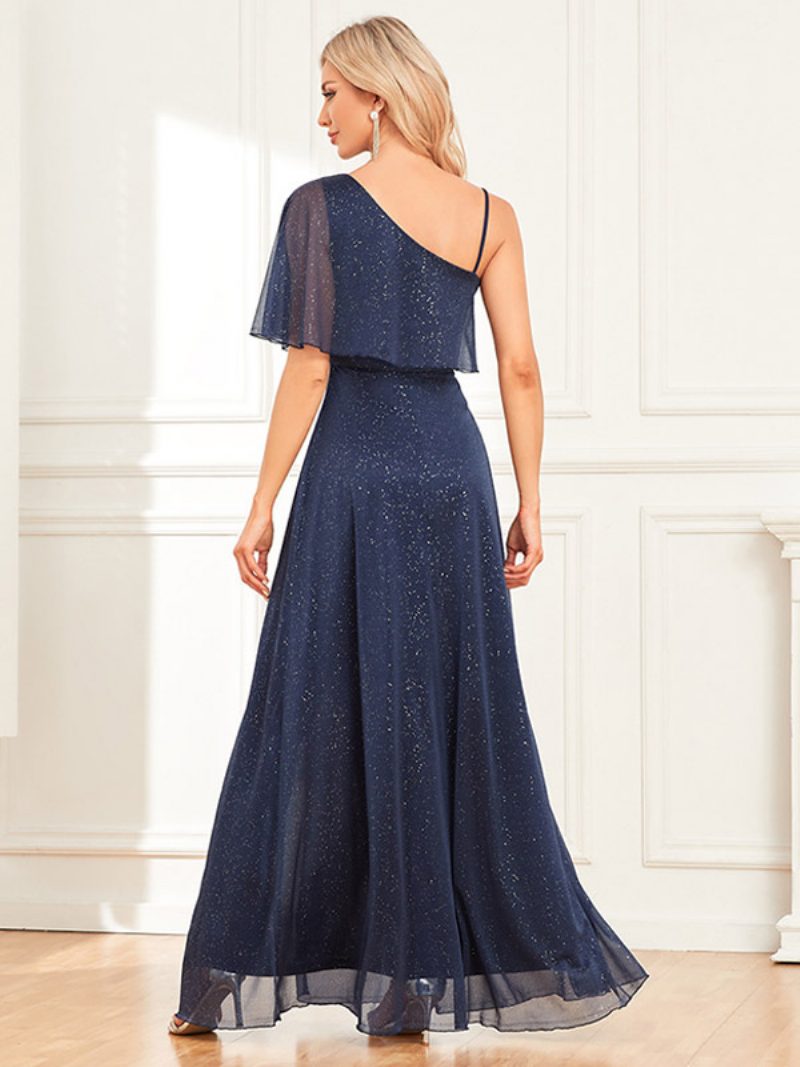 Damen One-shoulder-pailletten-partykleid Mit Hohem Schlitz A-linie Elegantes Ball-maxikleid - Dunkles Marineblau