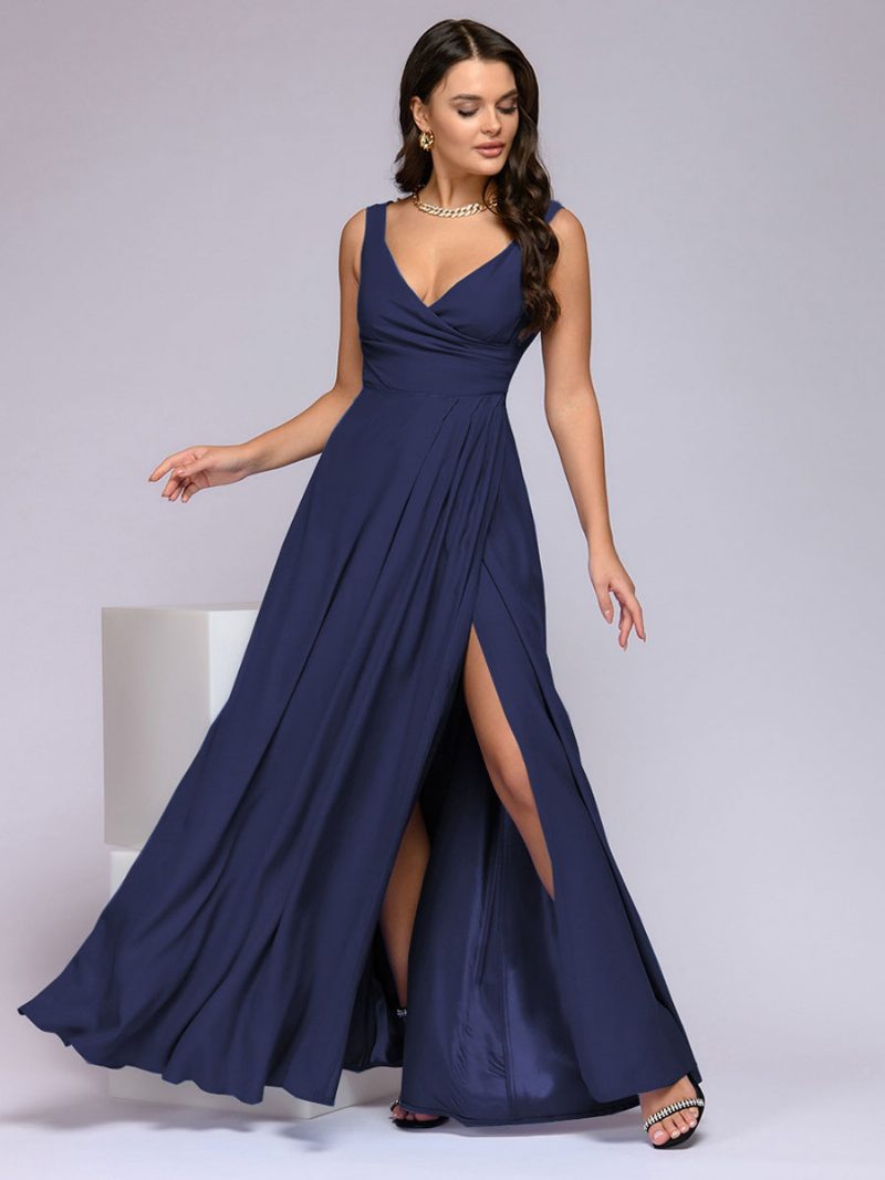 Damen-partykleid Dunklem Marineblau Ärmellos Empire-taille Hoher Schlitz Maxi-abschlussballkleid