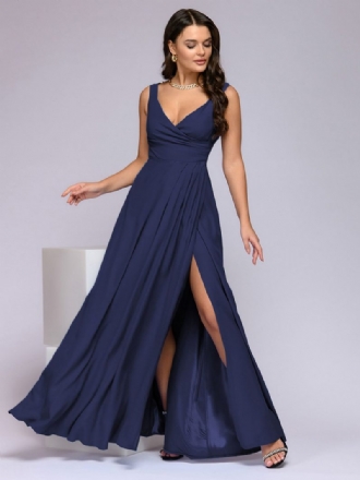 Damen-partykleid Dunklem Marineblau Ärmellos Empire-taille Hoher Schlitz Maxi-abschlussballkleid