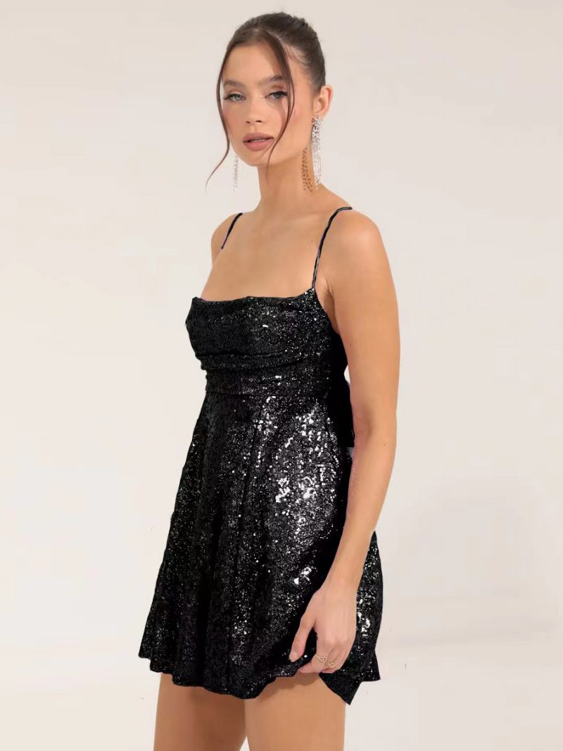 Damen-partykleid Mit Pailletten Neckholder Spaghettiträger Plissiert Rückenfrei Minikleider - Schwarz