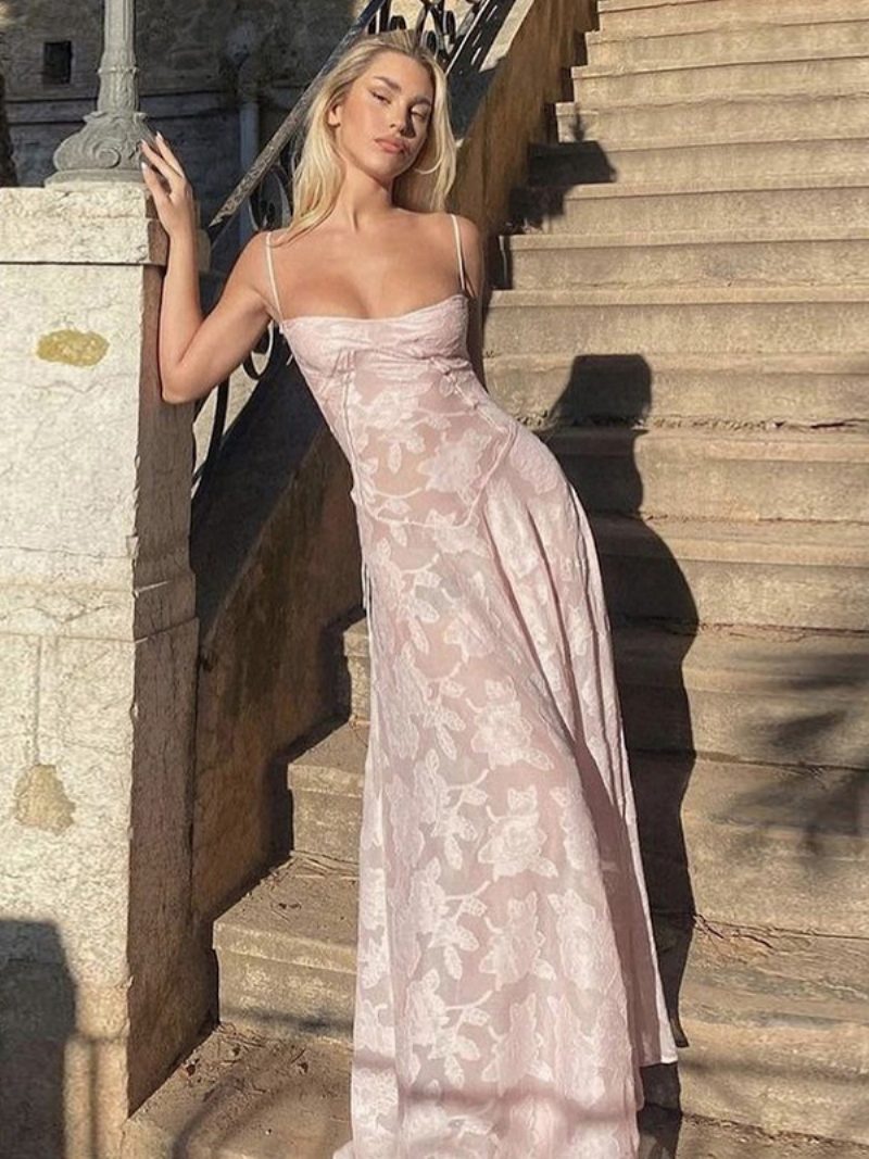 Damen-partykleider Rosa Träger Ausschnitt Ärmellos Blumendruck Durchsichtig Halbformelles Kleid - Rosa