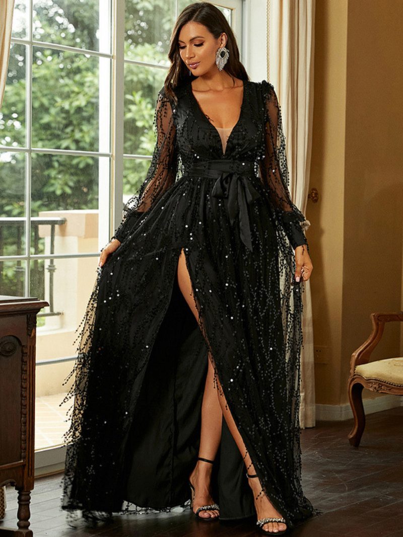 Damen Preals Dress Plunge High-slit Illusion Sleeves Prom Maxi Dresses - Schwarz