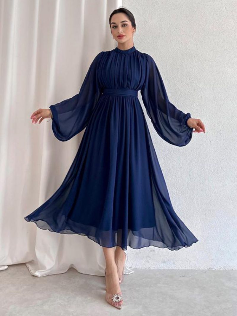 Damenkleid Dunklem Marineblau Plissiert Lange Ärmel Empire-taille Tüllkleider