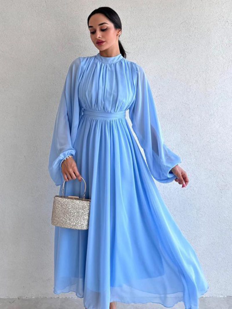 Damenkleid Dunklem Marineblau Plissiert Lange Ärmel Empire-taille Tüllkleider - Blau