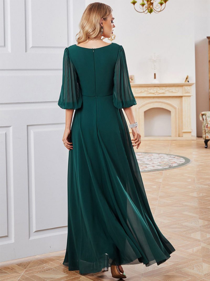 Dunkelgrünes Kleid Für Damen Chiffon Halbe Ärmel Empire-taille Ball-maxikleider - Dunkelgrün