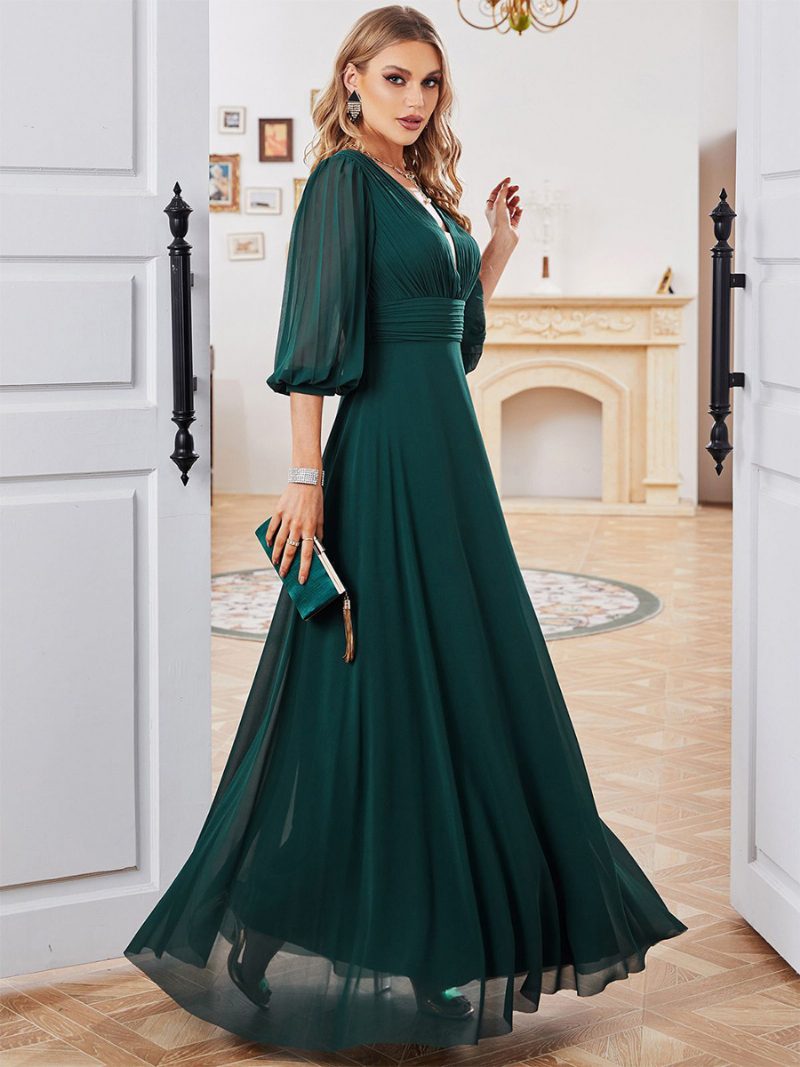 Dunkelgrünes Kleid Für Damen Chiffon Halbe Ärmel Empire-taille Ball-maxikleider - Dunkelgrün