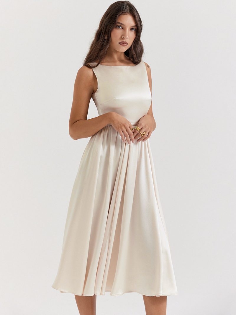 Elegantes Ärmelloses Kleid Für Damen U-boot-ausschnitt Plissiert A-linie Abschlussball Party Midi-kleider - Beige