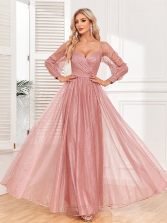 Elegantes Damen-abschlussballkleid Surplice-ausschnitt Illusionsärmel Rosa Maxikleider