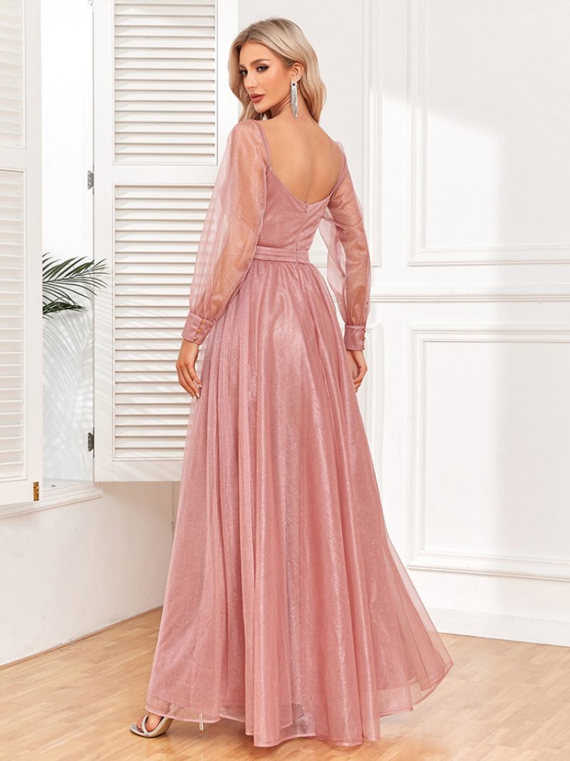 Elegantes Damen-abschlussballkleid Surplice-ausschnitt Illusionsärmel Rosa Maxikleider - Rosa