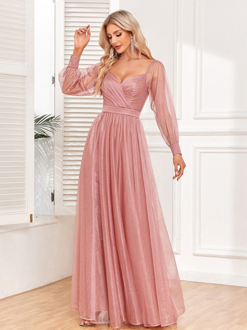 Elegantes Damen-abschlussballkleid Surplice-ausschnitt Illusionsärmel Rosa Maxikleider - Rosa