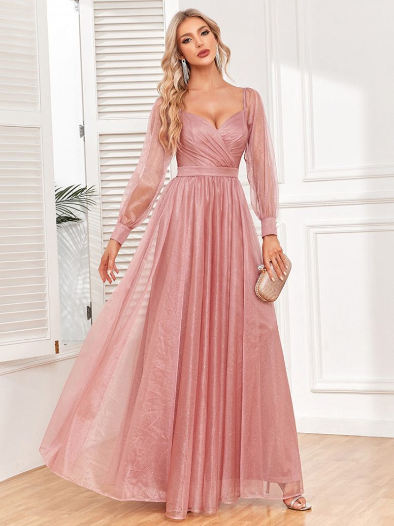 Elegantes Damen-abschlussballkleid Surplice-ausschnitt Illusionsärmel Rosa Maxikleider - Rosa