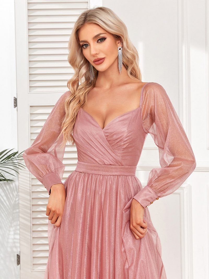 Elegantes Damen-abschlussballkleid Surplice-ausschnitt Illusionsärmel Rosa Maxikleider - Rosa