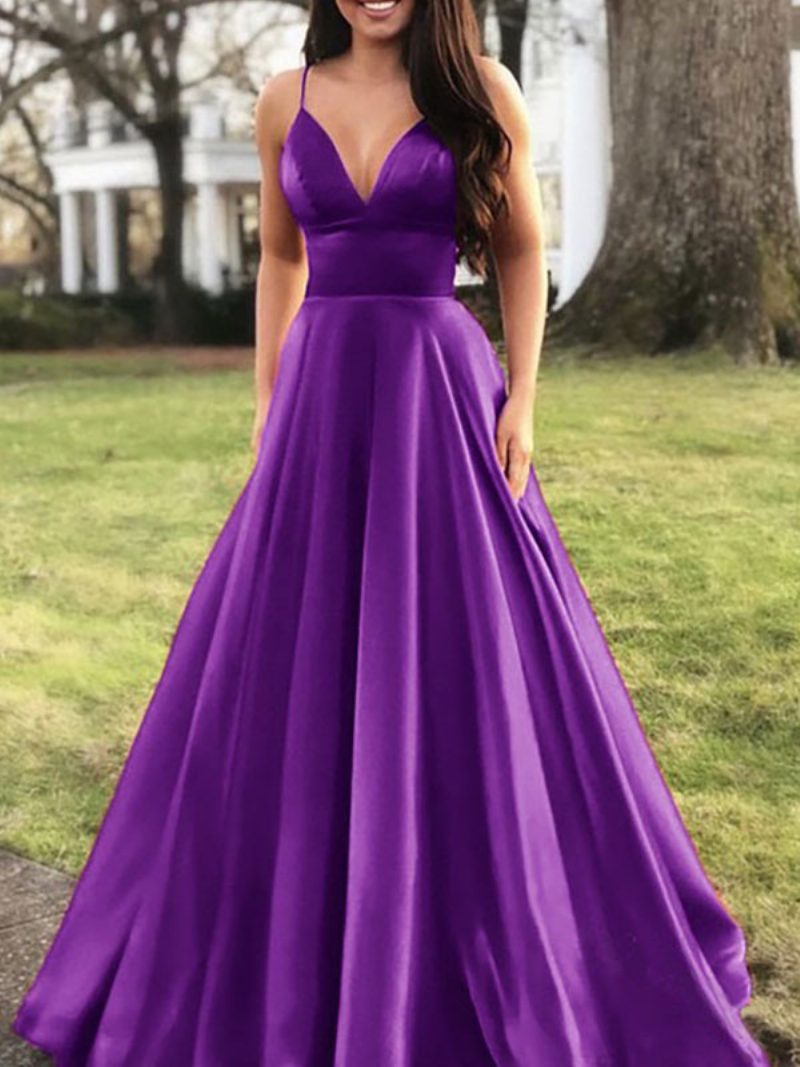 Elegantes Damen-maxikleid Spaghettiträger V-ausschnitt Empire-taille Ballkleider - Lila