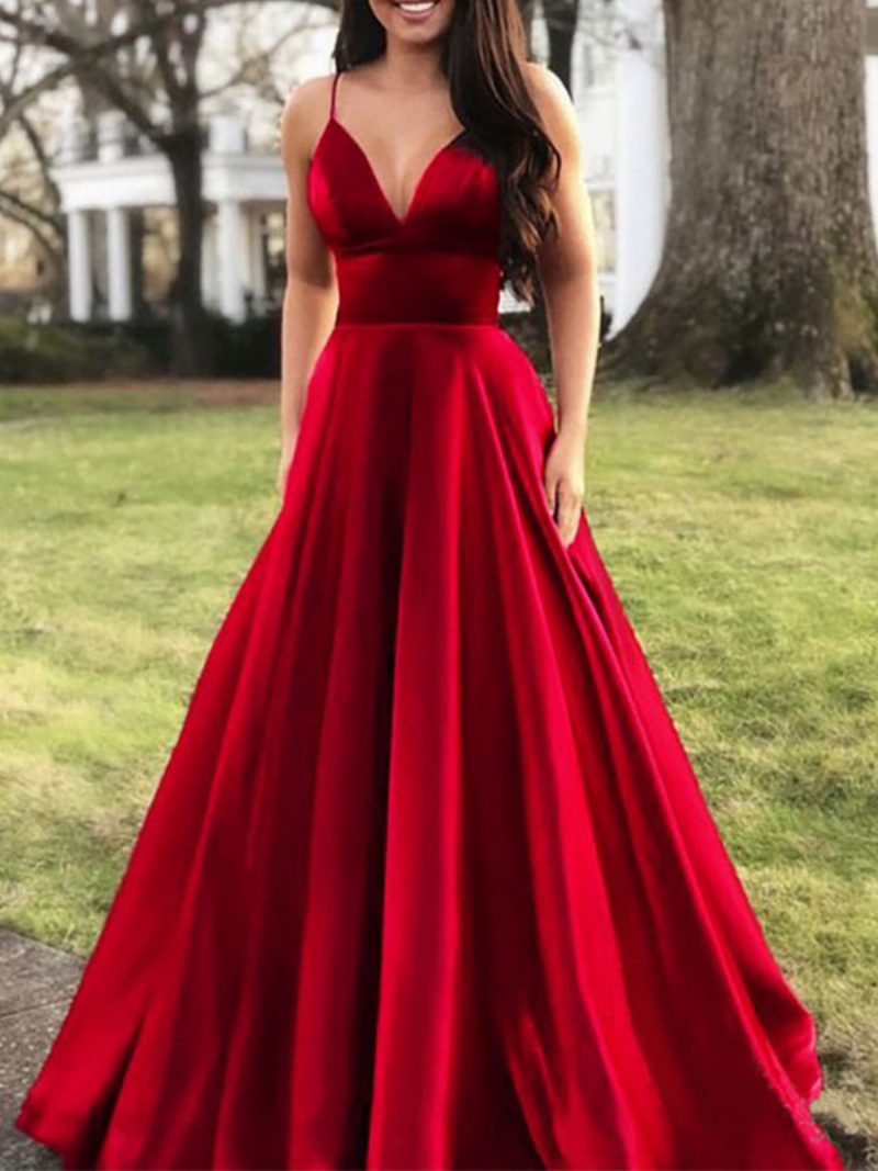 Elegantes Damen-maxikleid Spaghettiträger V-ausschnitt Empire-taille Ballkleider - Rot