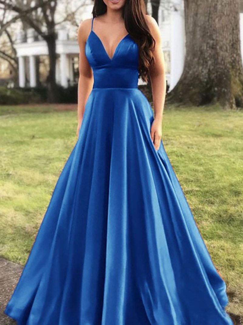 Elegantes Damen-maxikleid Spaghettiträger V-ausschnitt Empire-taille Ballkleider - Blau