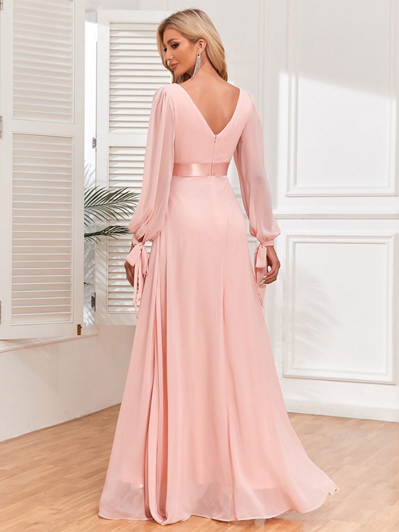 Elegantes Damenkleid Mit Laternenärmeln V-ausschnitt Rückenfrei Plissee Ball-maxikleider - Rosa