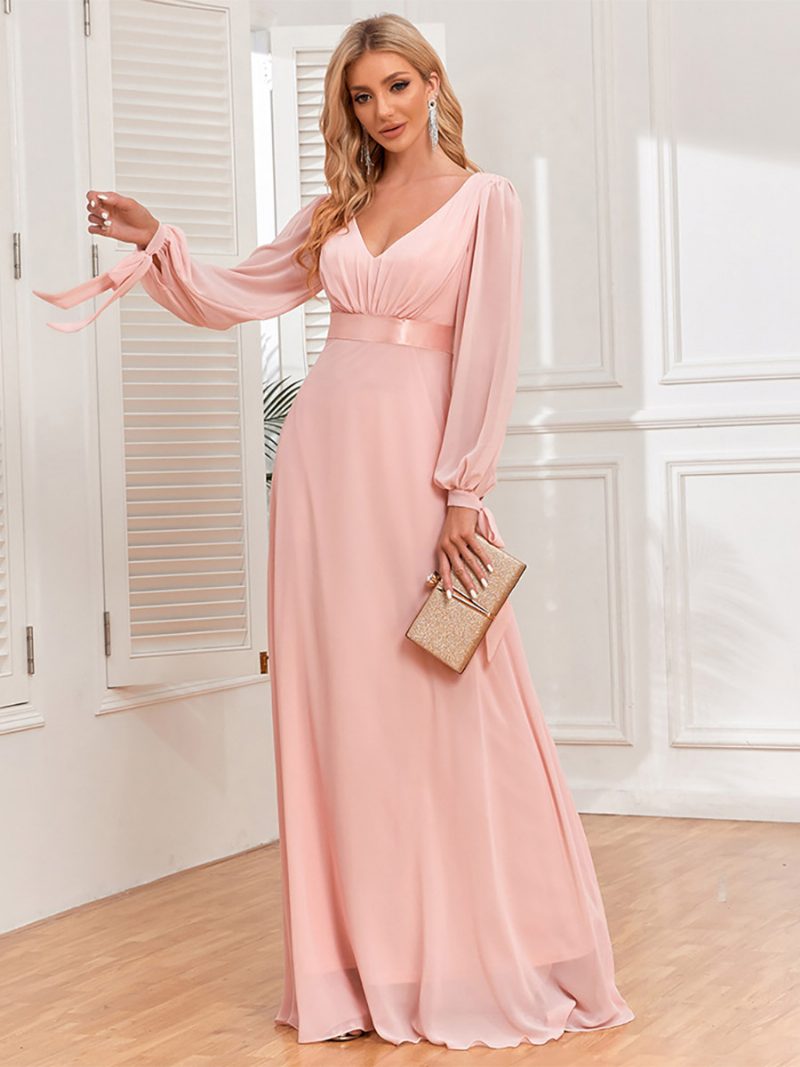 Elegantes Damenkleid Mit Laternenärmeln V-ausschnitt Rückenfrei Plissee Ball-maxikleider - Rosa