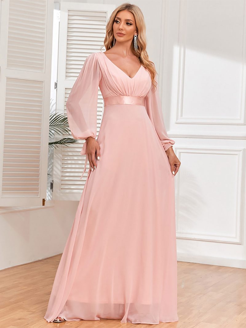 Elegantes Damenkleid Mit Laternenärmeln V-ausschnitt Rückenfrei Plissee Ball-maxikleider - Rosa