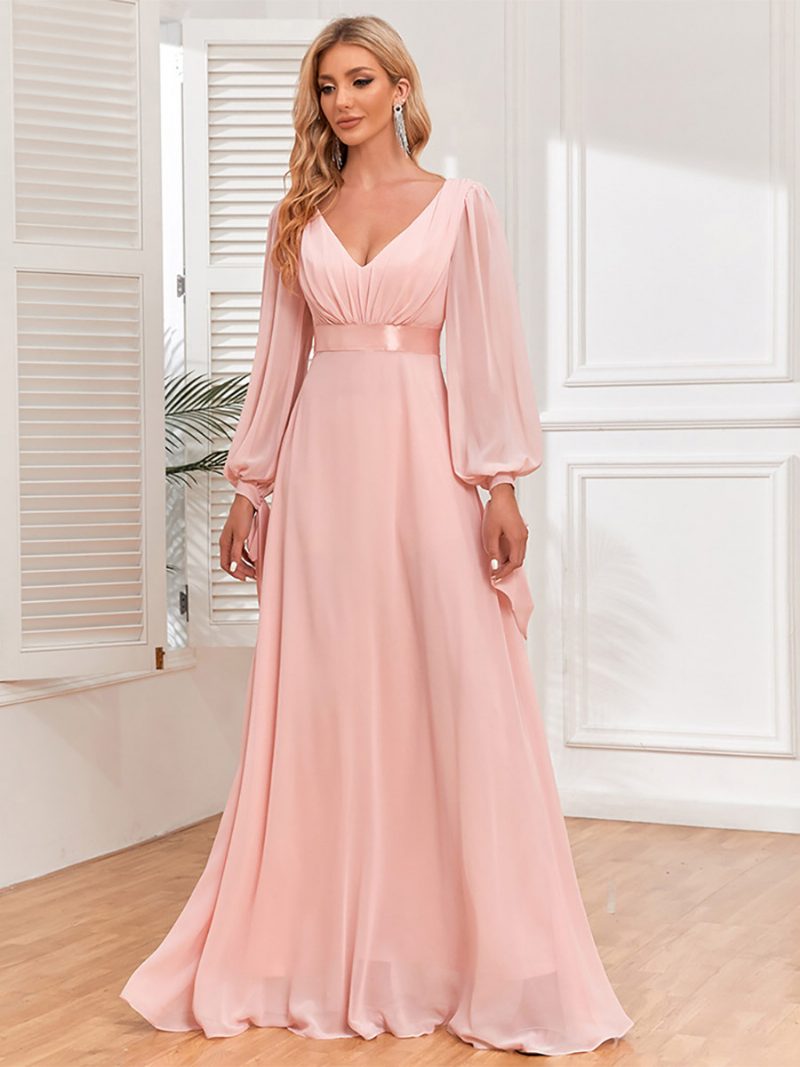 Elegantes Damenkleid Mit Laternenärmeln V-ausschnitt Rückenfrei Plissee Ball-maxikleider - Rosa