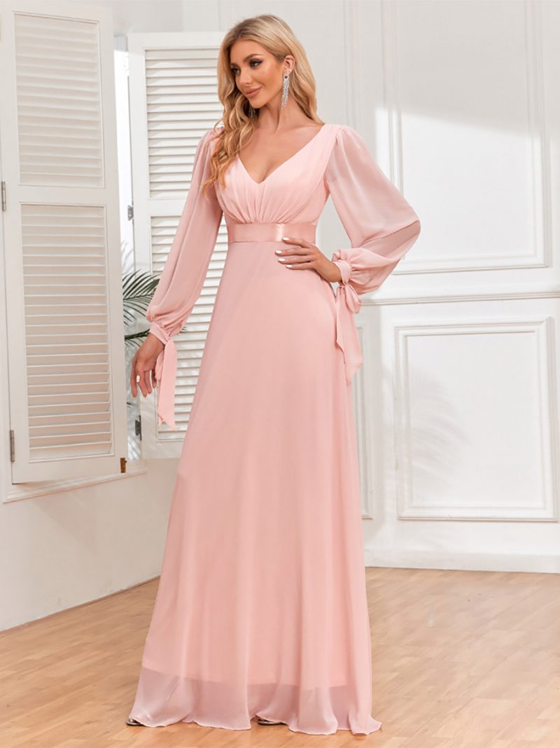 Elegantes Damenkleid Mit Laternenärmeln V-ausschnitt Rückenfrei Plissee Ball-maxikleider - Rosa