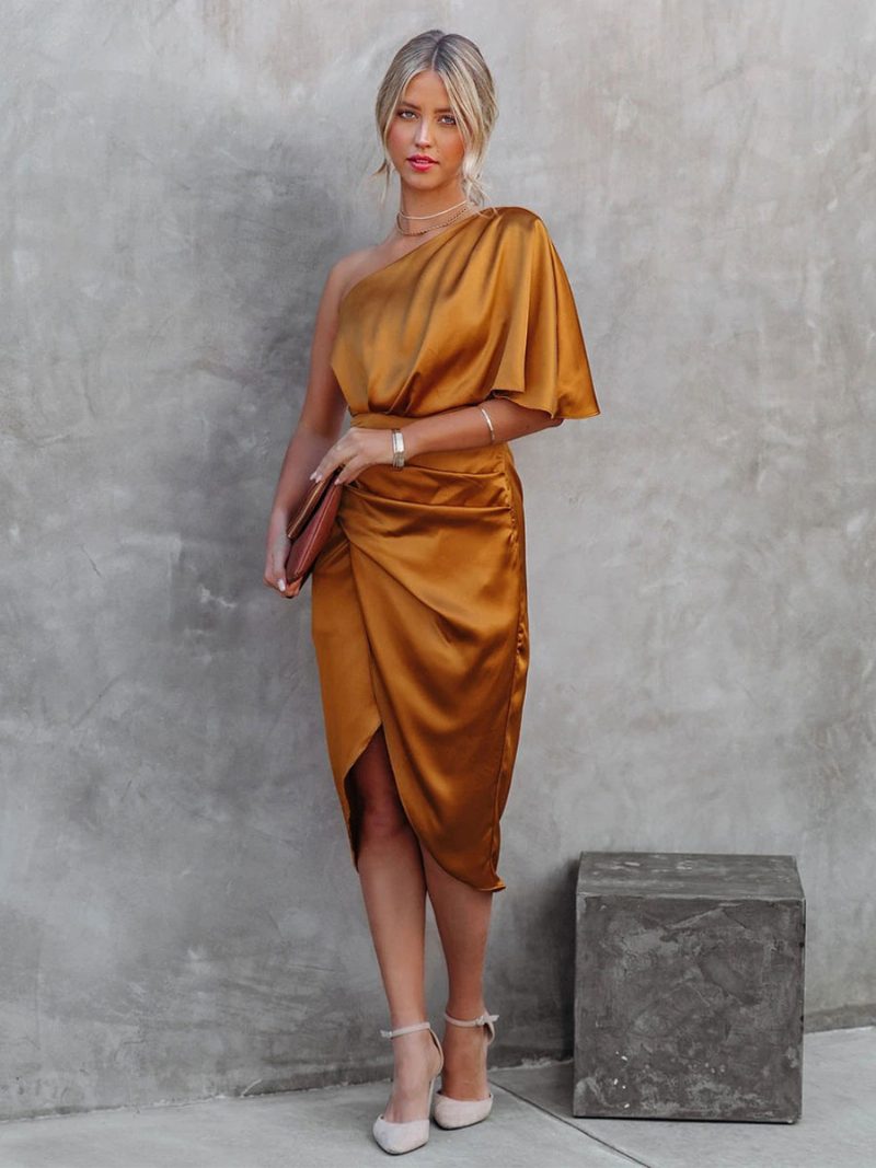 Goldfarbene Damenkleider Plissiert Rückenfrei Sexy One-shoulder Kurze Ärmel Abschlussball-midikleid - Orange