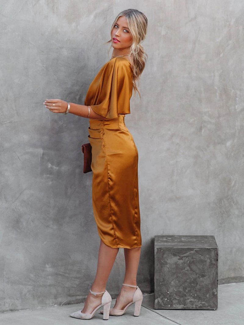 Goldfarbene Damenkleider Plissiert Rückenfrei Sexy One-shoulder Kurze Ärmel Abschlussball-midikleid - Orange