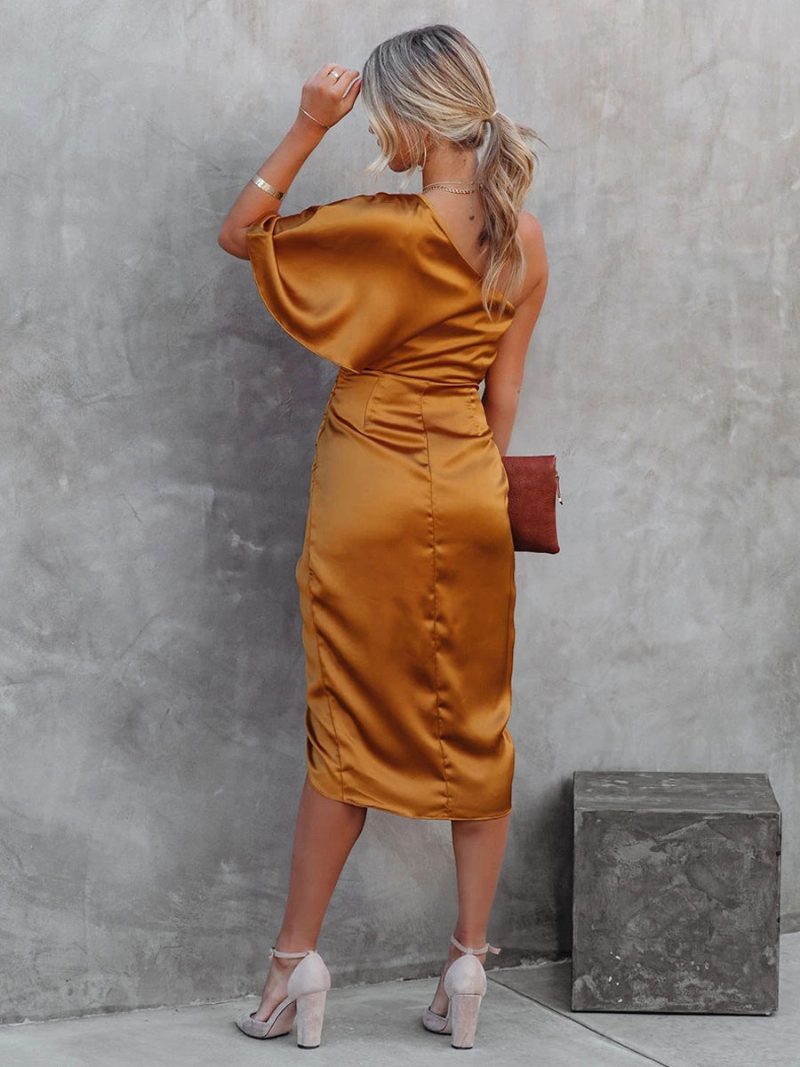 Goldfarbene Damenkleider Plissiert Rückenfrei Sexy One-shoulder Kurze Ärmel Abschlussball-midikleid - Orange