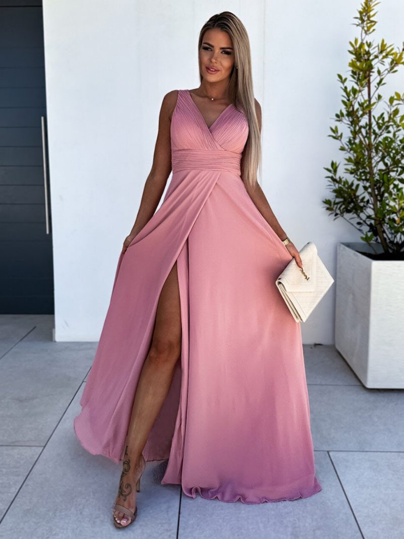 Königsblaues Kleid Für Damen V-ausschnitt Plissiert Empire-taille Hoher Schlitz Maxi-abschlussballkleider - Rosa