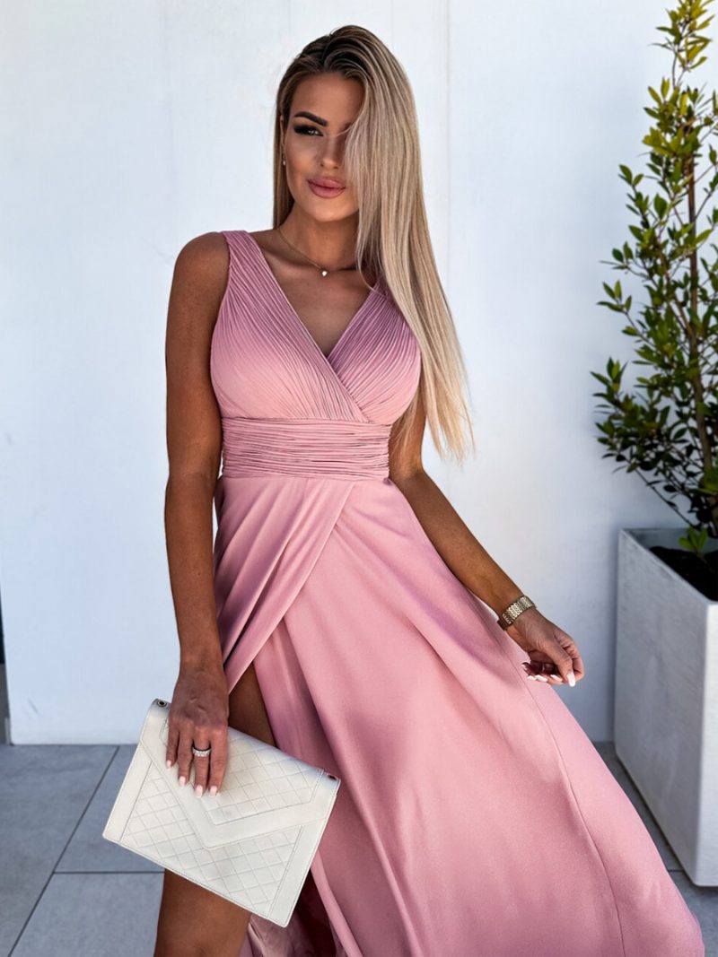 Königsblaues Kleid Für Damen V-ausschnitt Plissiert Empire-taille Hoher Schlitz Maxi-abschlussballkleider - Rosa