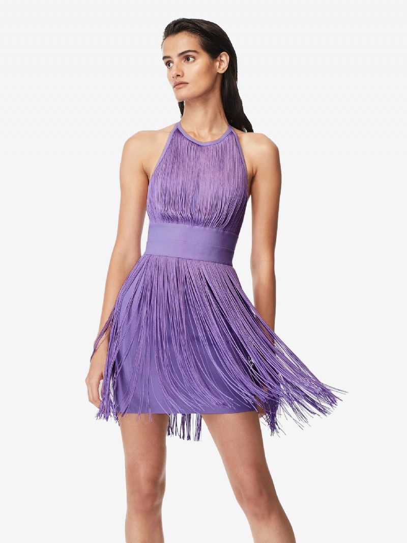 Lavendelfarbenes Fransenkleid Für Damen Neckholder Rückenfrei Stilvolle Party-kurz-swing-kleider - Lavendel