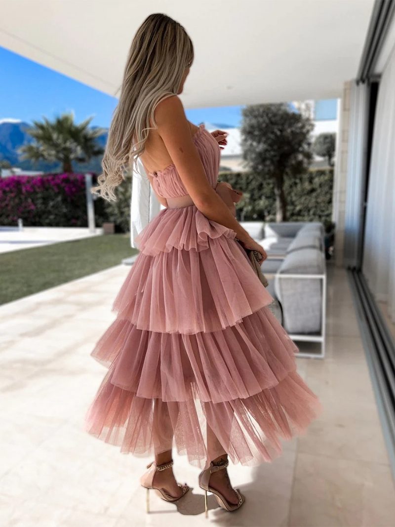 Schulterfreies Geschichtetes Party-maxikleid Mit Gürtel Für Damen - Rosa