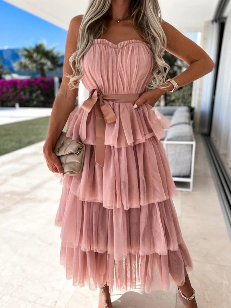 Schulterfreies Geschichtetes Party-maxikleid Mit Gürtel Für Damen - Rosa