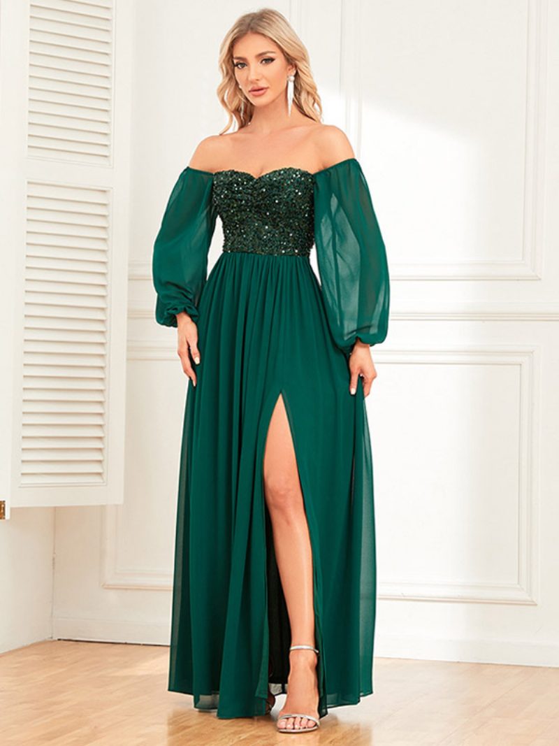 Schulterfreies Kleid Mit Pailletten Für Damen Rückenfrei Hoher Schlitz Abschlussball Cocktail-maxikleider - Dunkelgrün