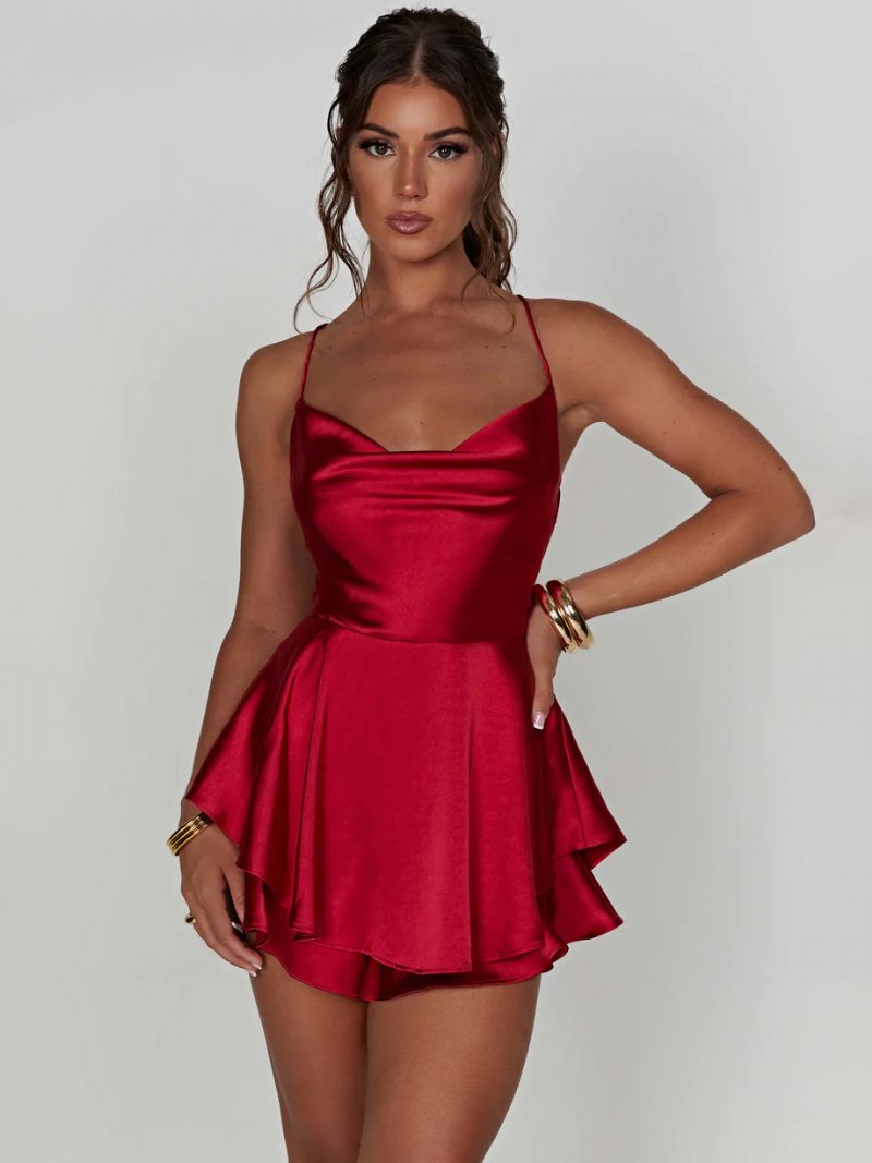 Slipdress Für Damen Mit Quadratischem Ausschnitt Mehrlagig Rückenfrei Schnürung Sexy Party-minikleider - Rot