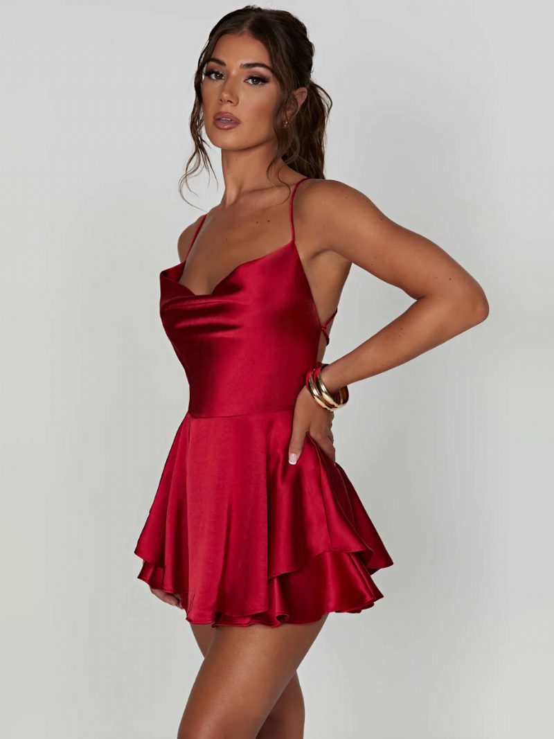 Slipdress Für Damen Mit Quadratischem Ausschnitt Mehrlagig Rückenfrei Schnürung Sexy Party-minikleider - Rot